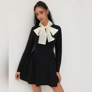 NWT Cider High Neck Ruffled Bow Mini Dress Black Long Sleeve Whimsigoth XS